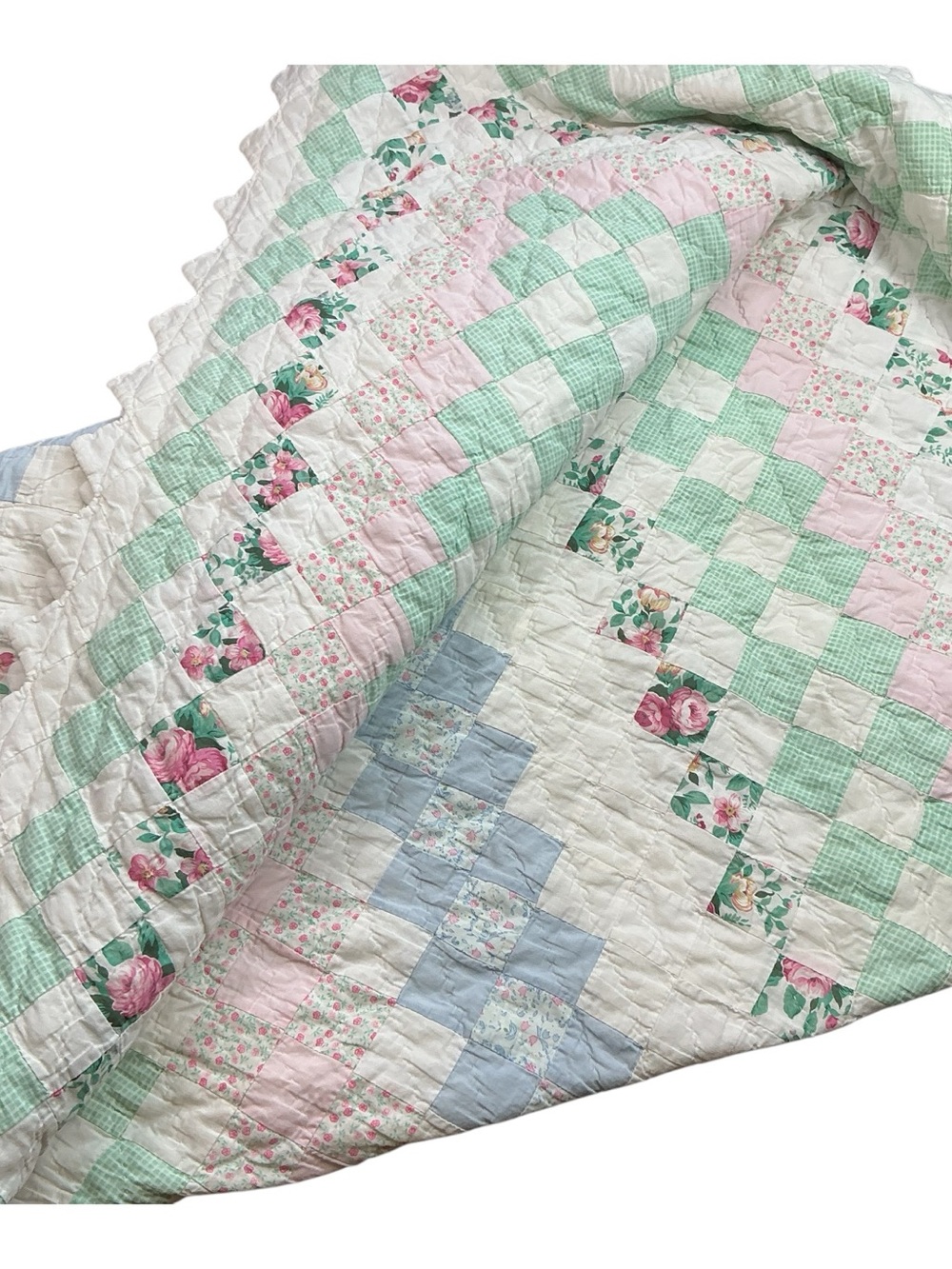 Vintage Patchwork trip around the world floral pastel quilt 83 x 90